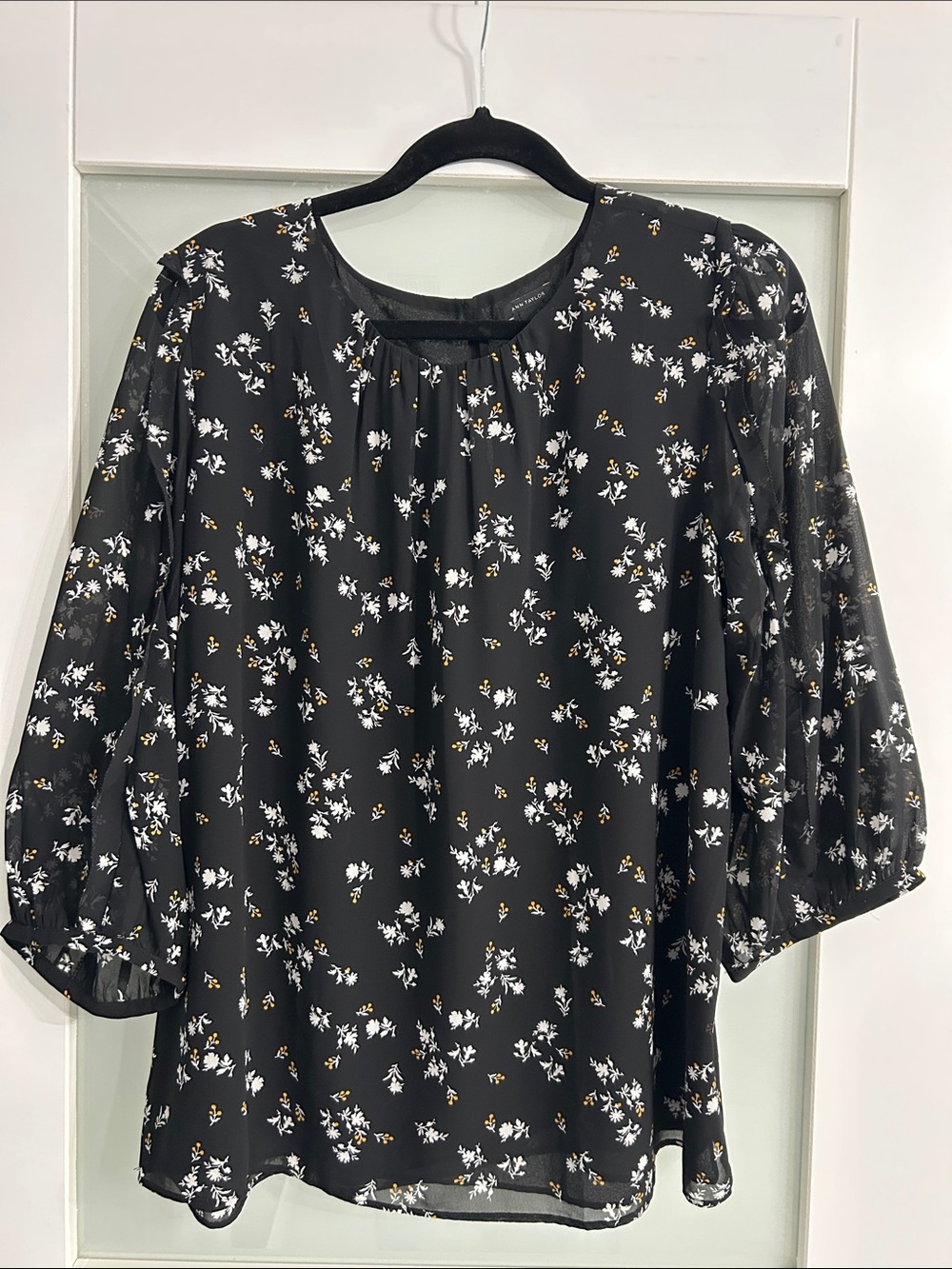 Ann Taylor Black Floral 3/4 Sleeve Blouse and extra front layer